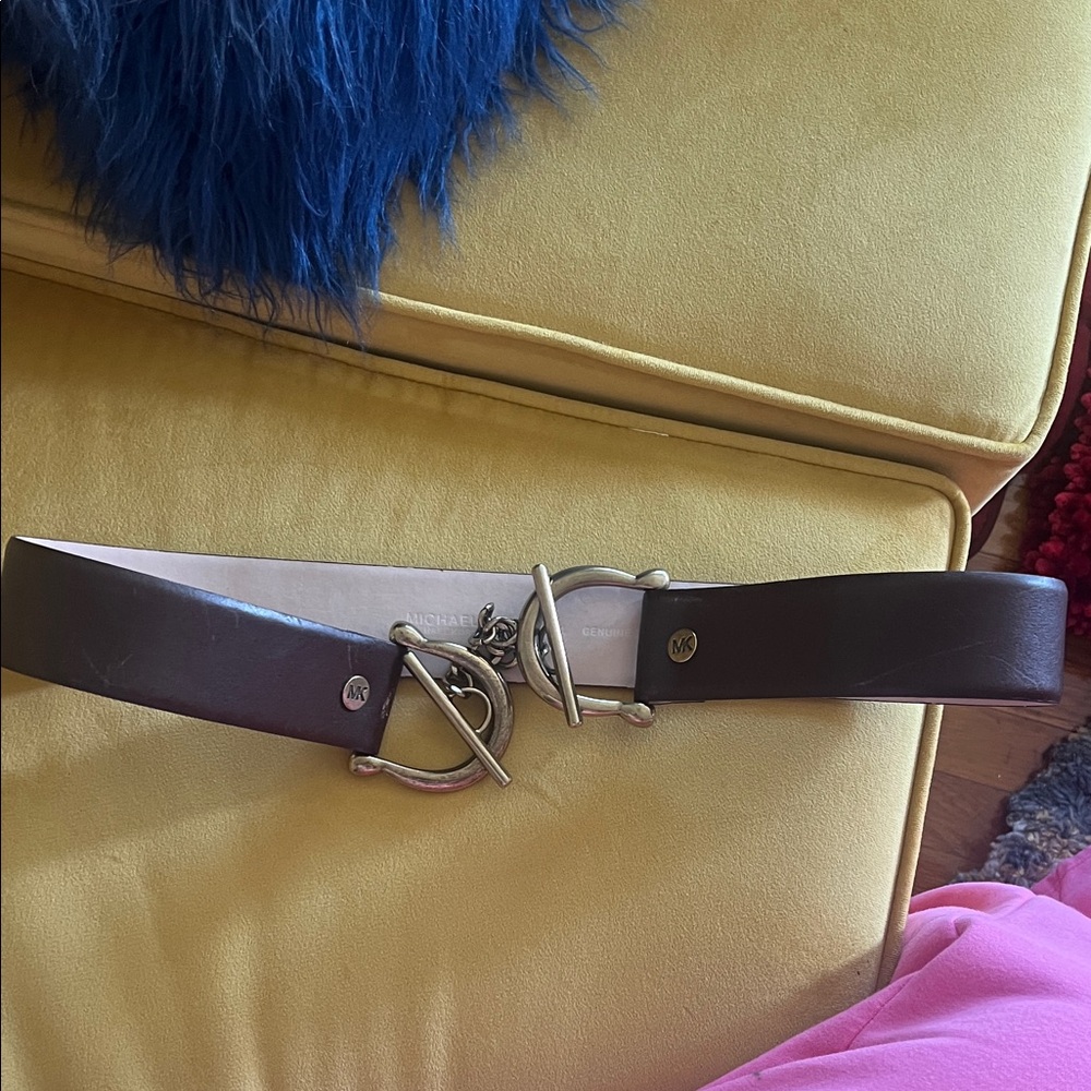 Michael Kors Dark Brown Leather Belt with Gold Horseshoe Buckle Detail